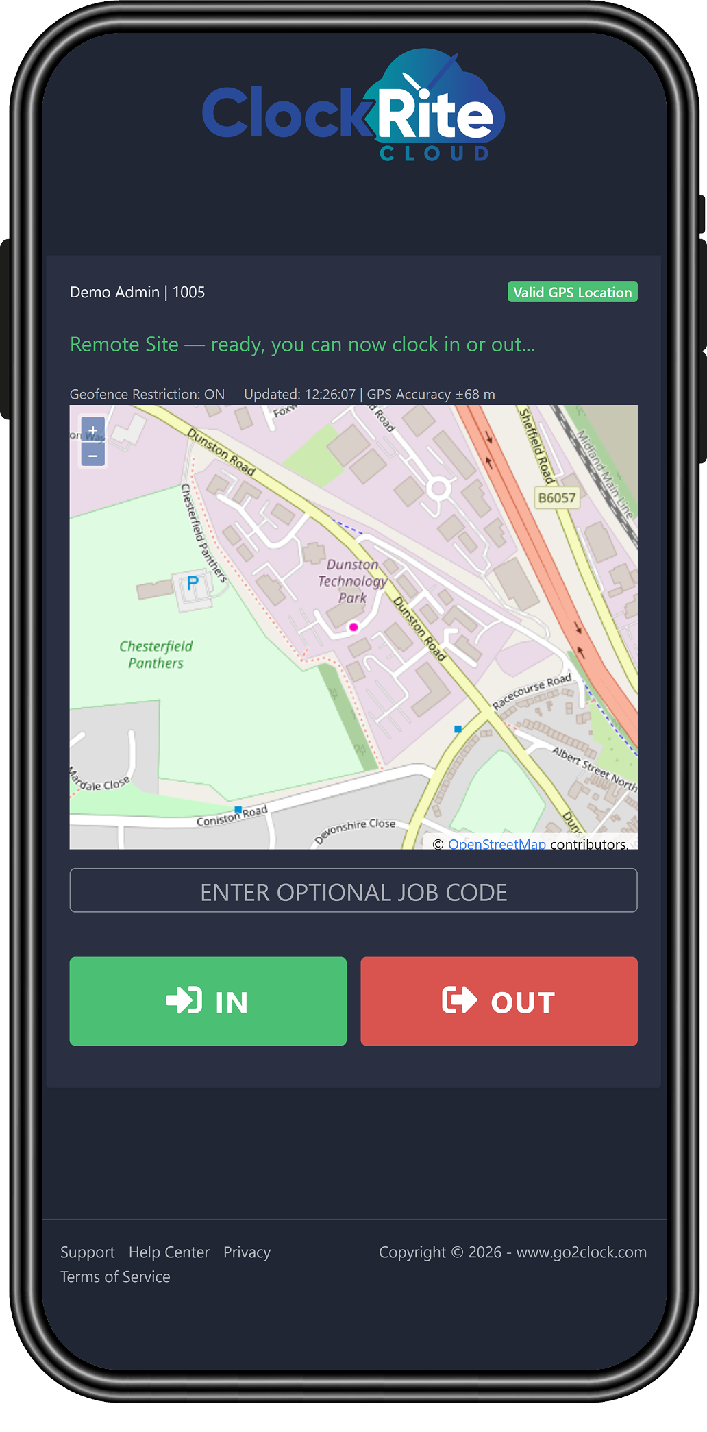 ClockRite app on a phone showing a map and clock in and out buttons