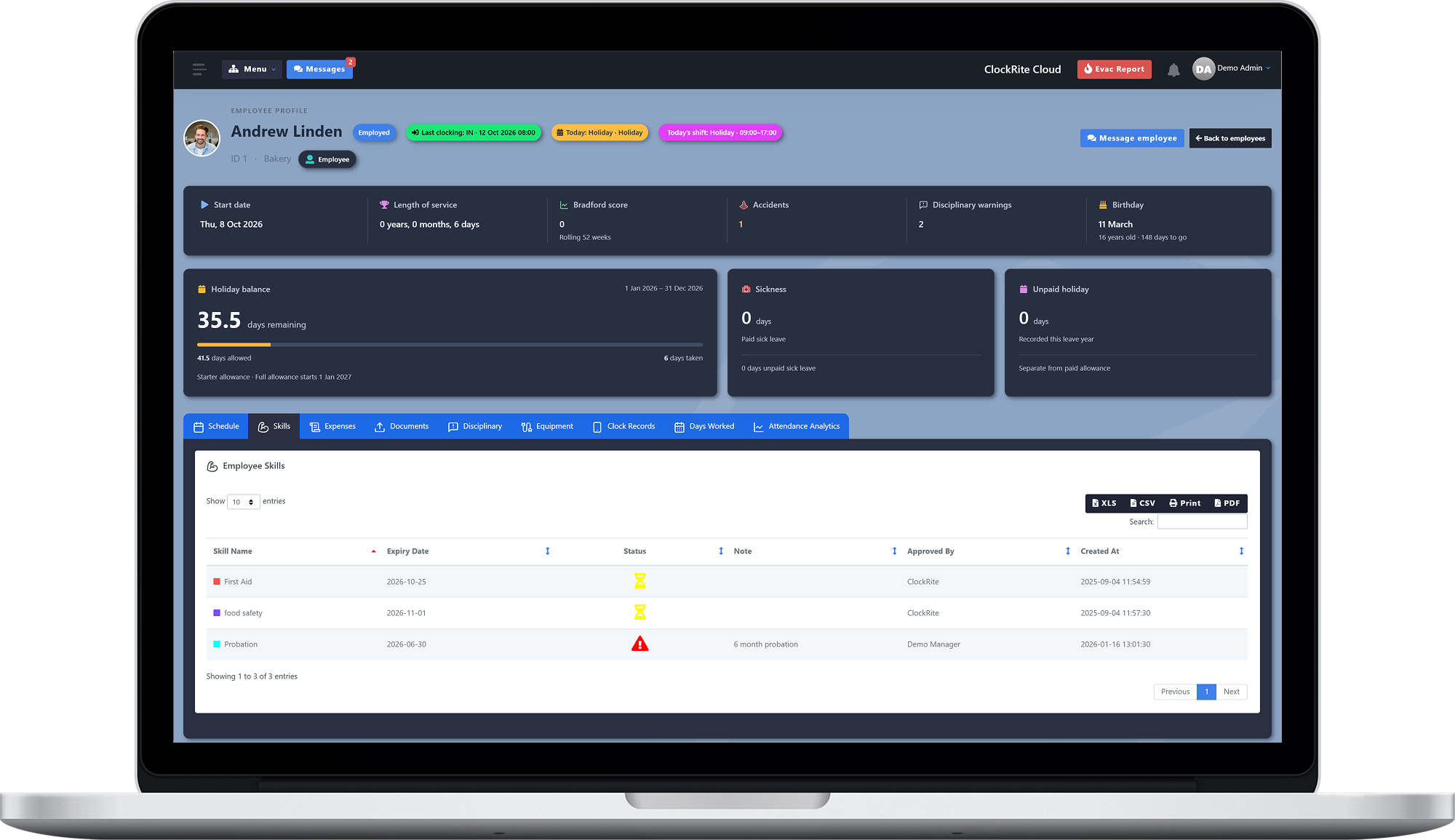 An employee profile in ClockRite Cloud on a laptop: start date, length of service, Bradford score, a holiday balance with days remaining, allowed and taken, sickness and unpaid holiday cards, and the employee's skills with expiry dates