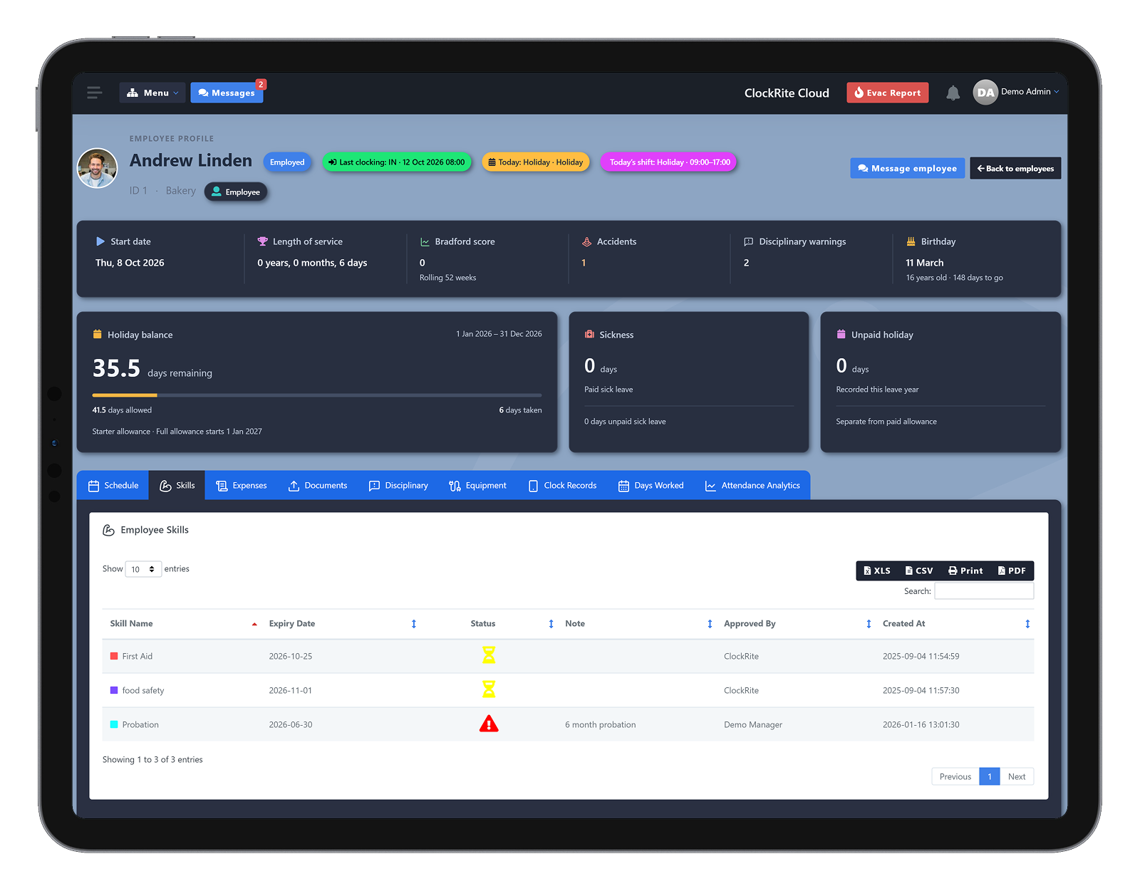 An employee profile in ClockRite Cloud on a tablet, with the holiday balance, sickness and unpaid holiday