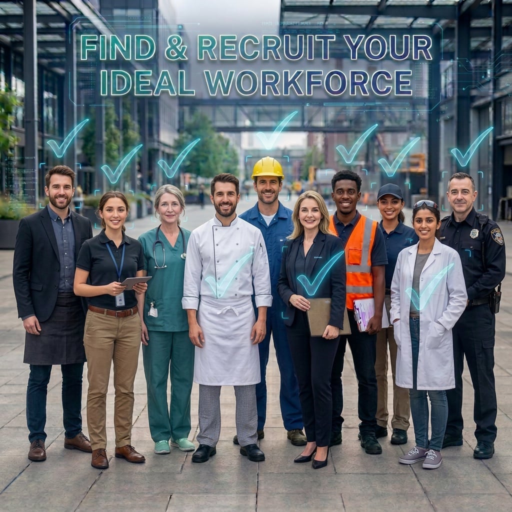 A line of smiling workers from different sectors, including a chef, a nurse, a construction worker, a security officer and office staff, under the words Find and recruit your ideal workforce