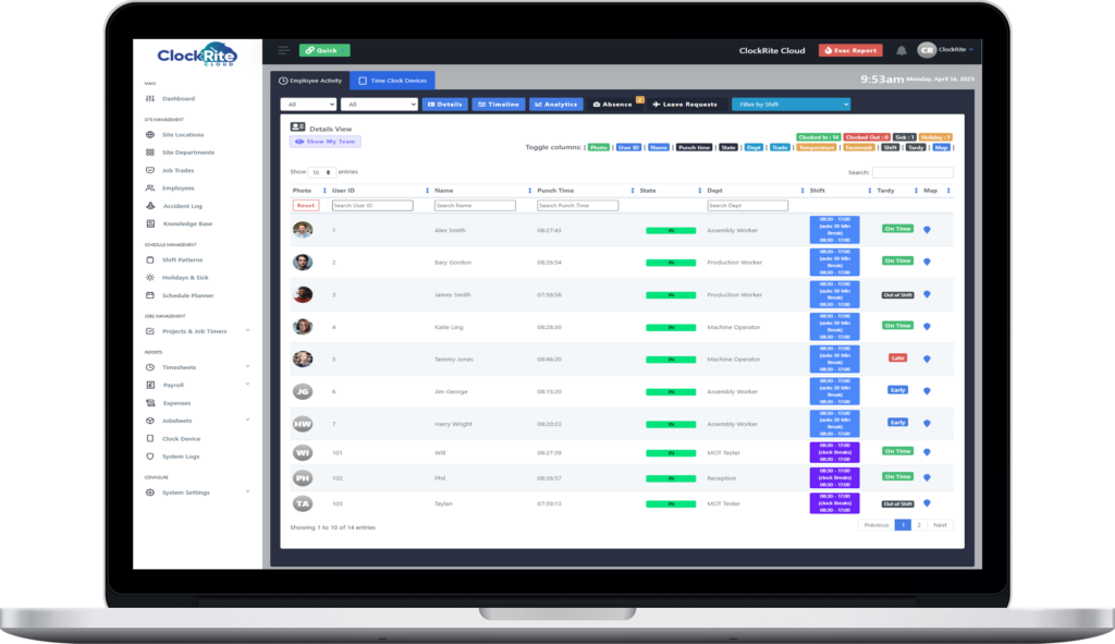 ClockRite Cloud Attendance System - Live Dashboard Showing Employee Status