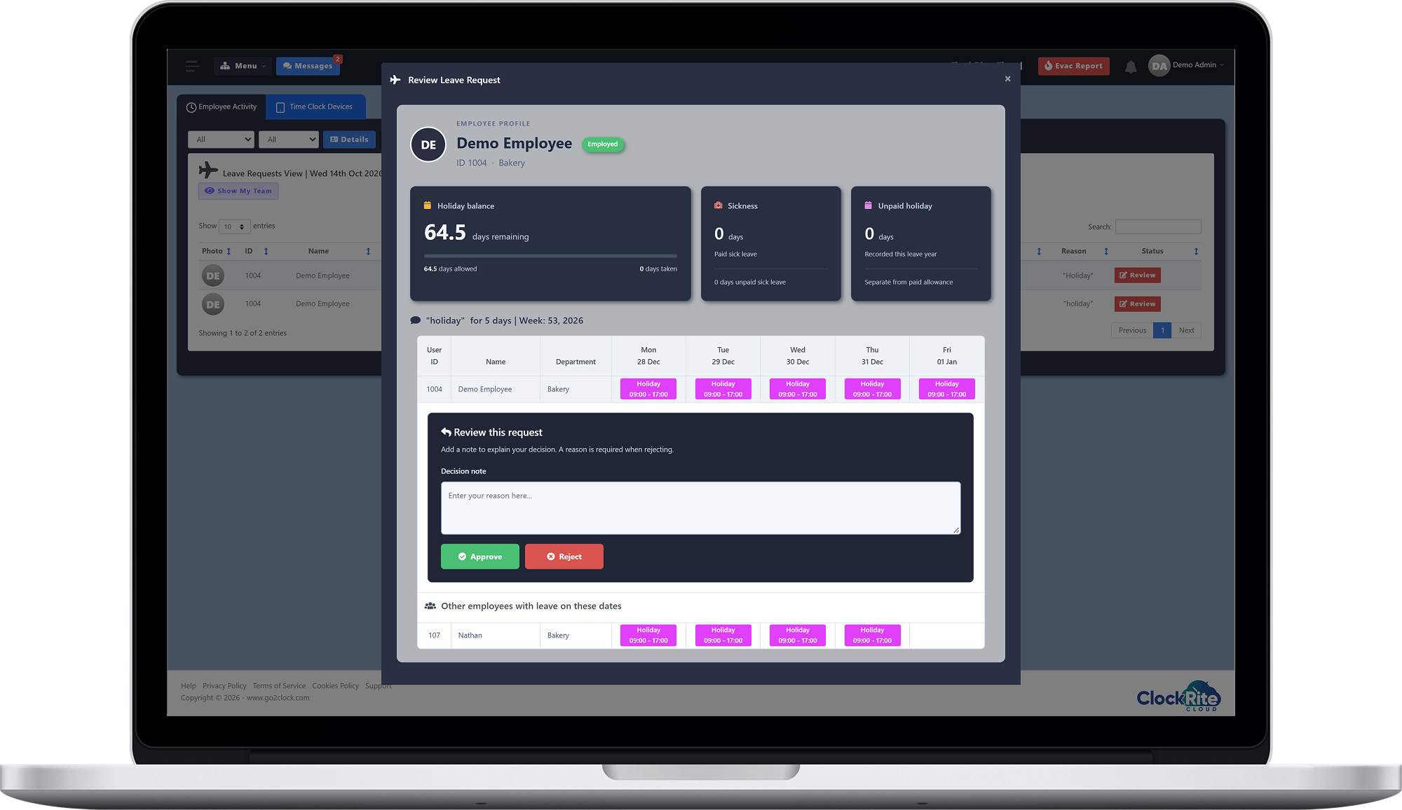 The Review Leave Request window in ClockRite Cloud on a laptop: the employee's holiday balance, sickness and unpaid holiday, the requested days on a mini rota, a decision note with Approve and Reject buttons, and another employee with leave on the same dates