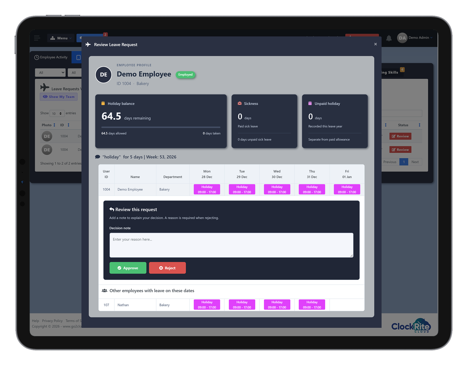 The Review Leave Request window in ClockRite Cloud on a tablet, with the holiday balance, the requested days, Approve and Reject buttons and a decision note