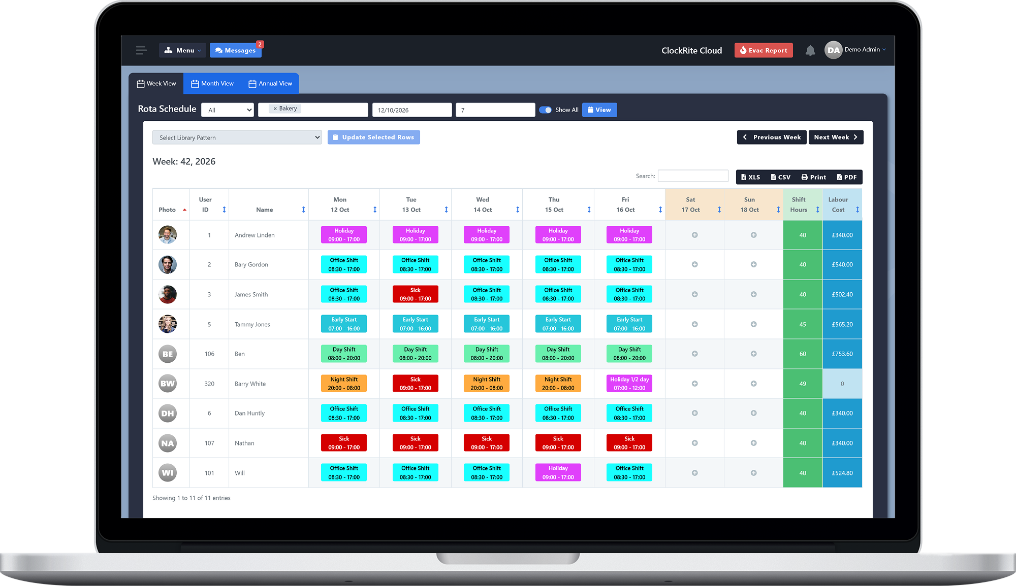 The Rota Schedule in ClockRite Cloud on a laptop: a week of colour-coded shifts for each employee, including holiday and sick days, with shift hours and labour cost columns