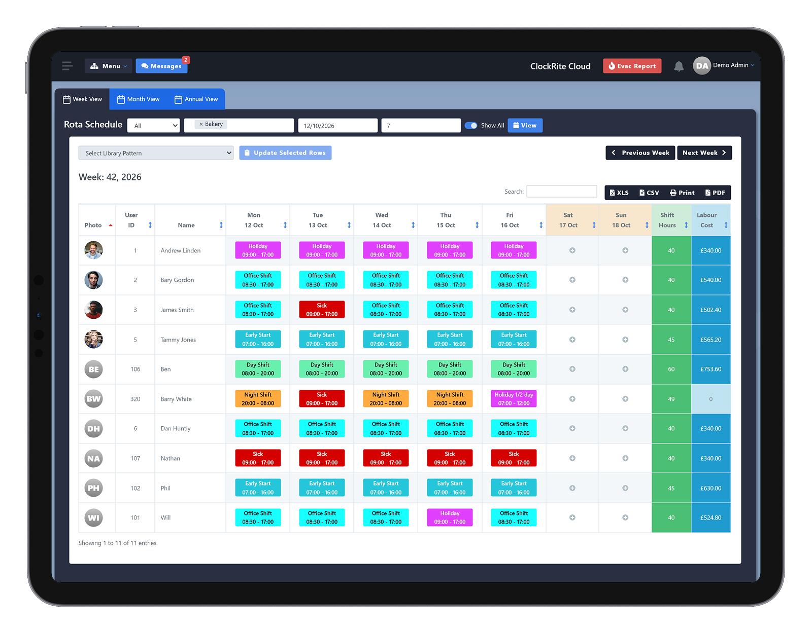 The Rota Schedule in ClockRite Cloud on a tablet, with each employee's shifts, holidays and sick days for the week