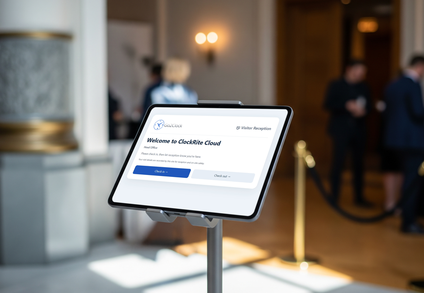 Tablet on a stand at a reception desk showing the ClockRite Cloud visitor kiosk welcome screen, with Check in and Check out buttons