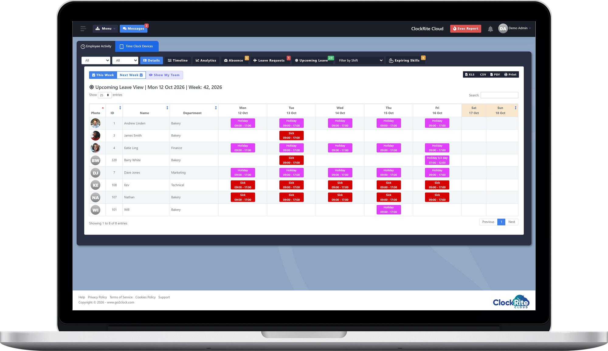 The Upcoming Leave view in ClockRite Cloud on a laptop: a week of holiday and sick days for each employee, with This Week, Next Week and Show My Team buttons
