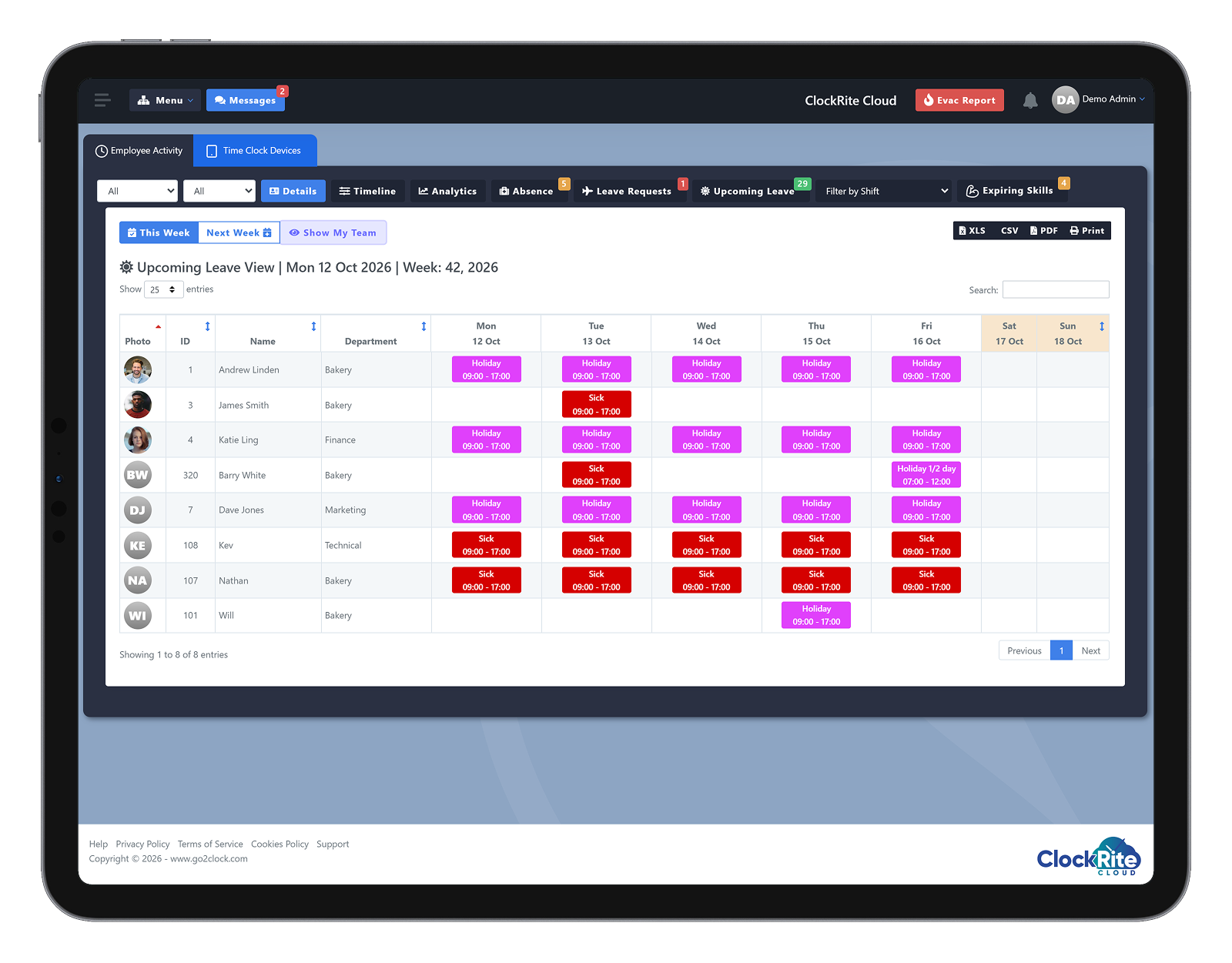 The Upcoming Leave view in ClockRite Cloud on a tablet, showing each employee's holiday and sick days across the week