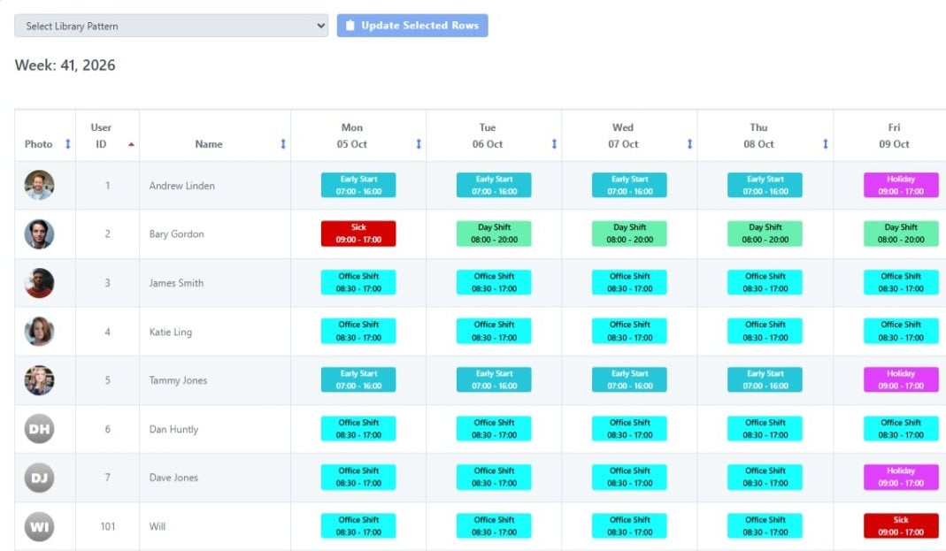 ClockRite Cloud weekly rota showing each employee's shifts from Monday to Friday as colour-coded blocks, including early start, day, office, holiday and sick