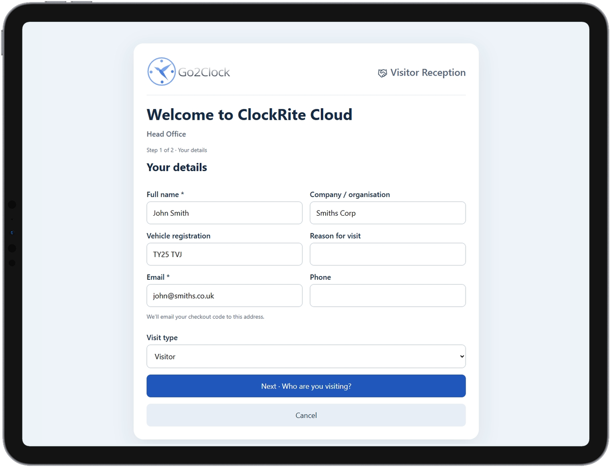 The kiosk check-in form, with fields for full name, company, vehicle registration, reason for visit, email, phone and visit type.