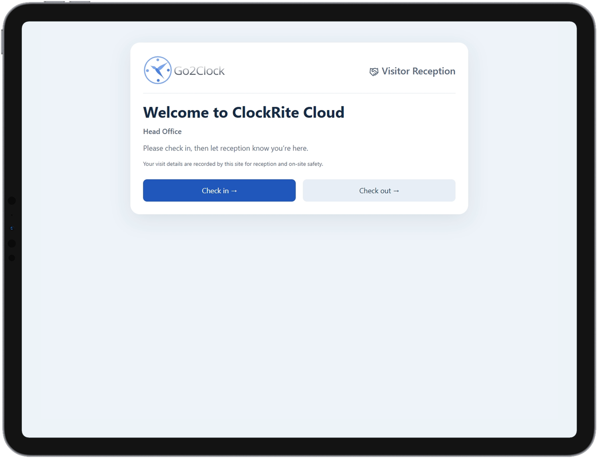 Visitor kiosk on an iPad showing the ClockRite Cloud welcome screen for Head Office, with Check in and Check out buttons.