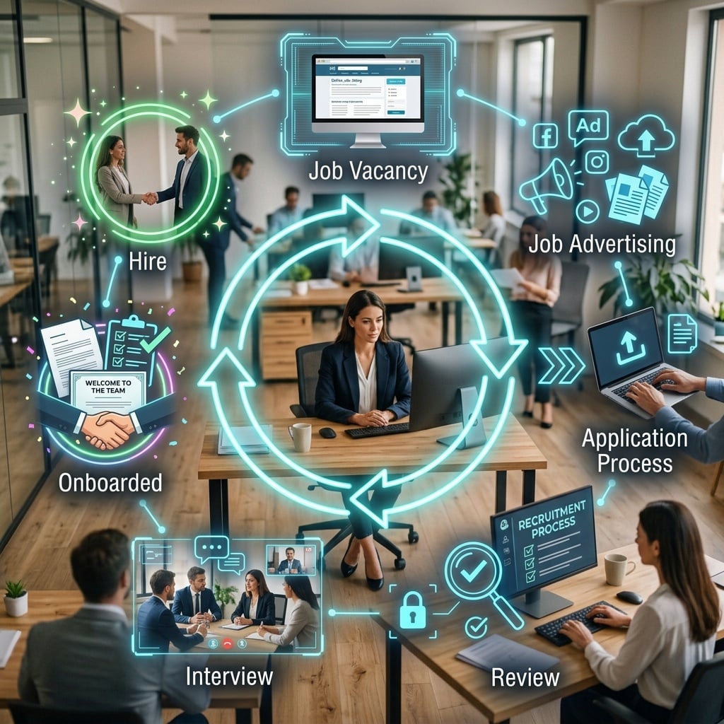 A hiring manager at her desk, surrounded by the stages of recruitment in a loop: job vacancy, job advertising, application process, review, interview, hire and onboarded